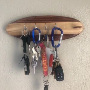 Surfboard shaped cedar keychain holders.